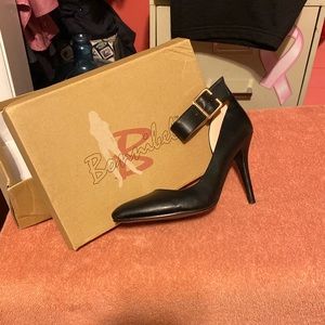 Black size 10 4 inch stiletto heel three-quarter inch ankle strap